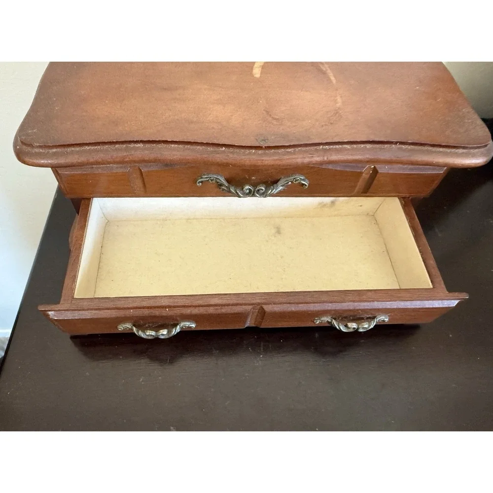 Vintage Wooden Velvet Lined Jewelry‎ Box Drawers Mirror Inside Lid 4 x 5 x  10
